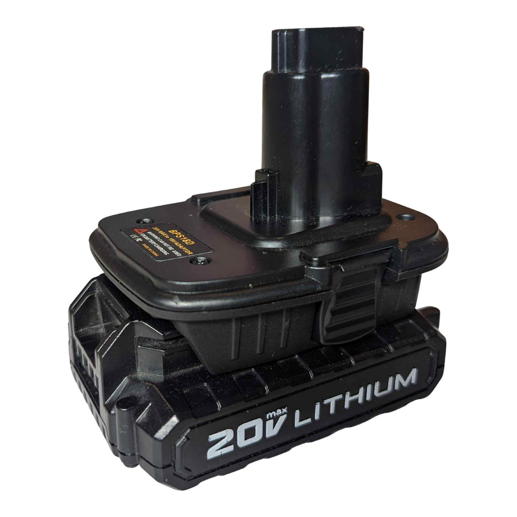 Porter Cable 20V to DeWalt 18V Ni-Cd battery adapter - fitted to the Porter Cable 20V battery, tool-side post upward