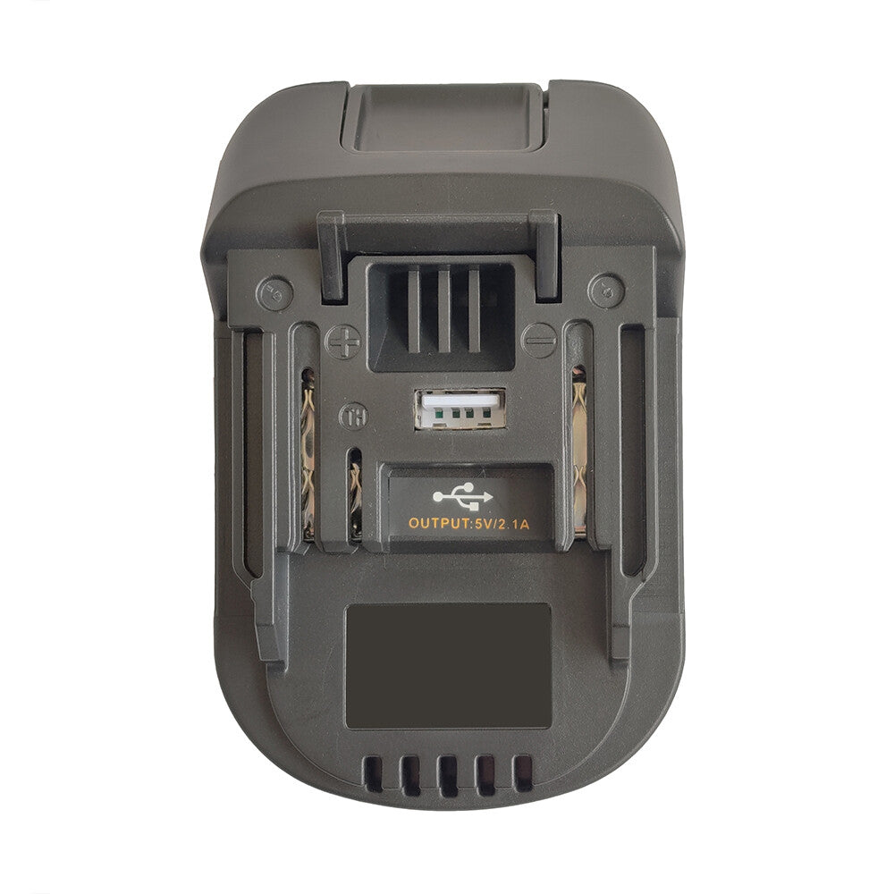Porter Cable 20V to Makita 18V LXT battery adapter - Makita-side connection, USB port and copper contacts from above