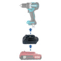 Porter Cable 20V to Makita 18V LXT battery adapter - compatibility diagram showing battery, adapter and drill