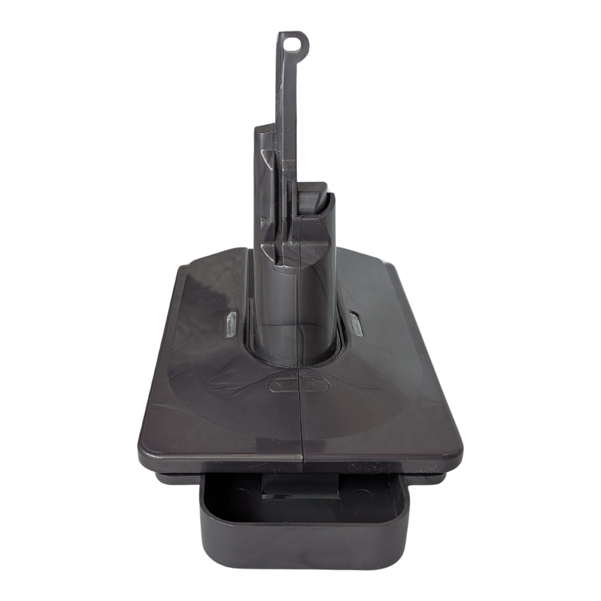 RIDGID 18V to Dyson V8 battery adapter - end view, Dyson tool-side stem centred above the battery-side channel