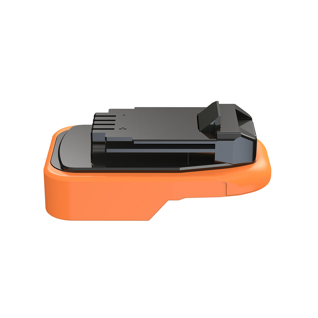 RIDGID 18V to Black and Decker 20V battery adapter - side view with the black tool-side connection over the orange base