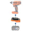 RIDGID 18V to Black and Decker 20V battery adapter - compatibility diagram showing battery, adapter and impact driver