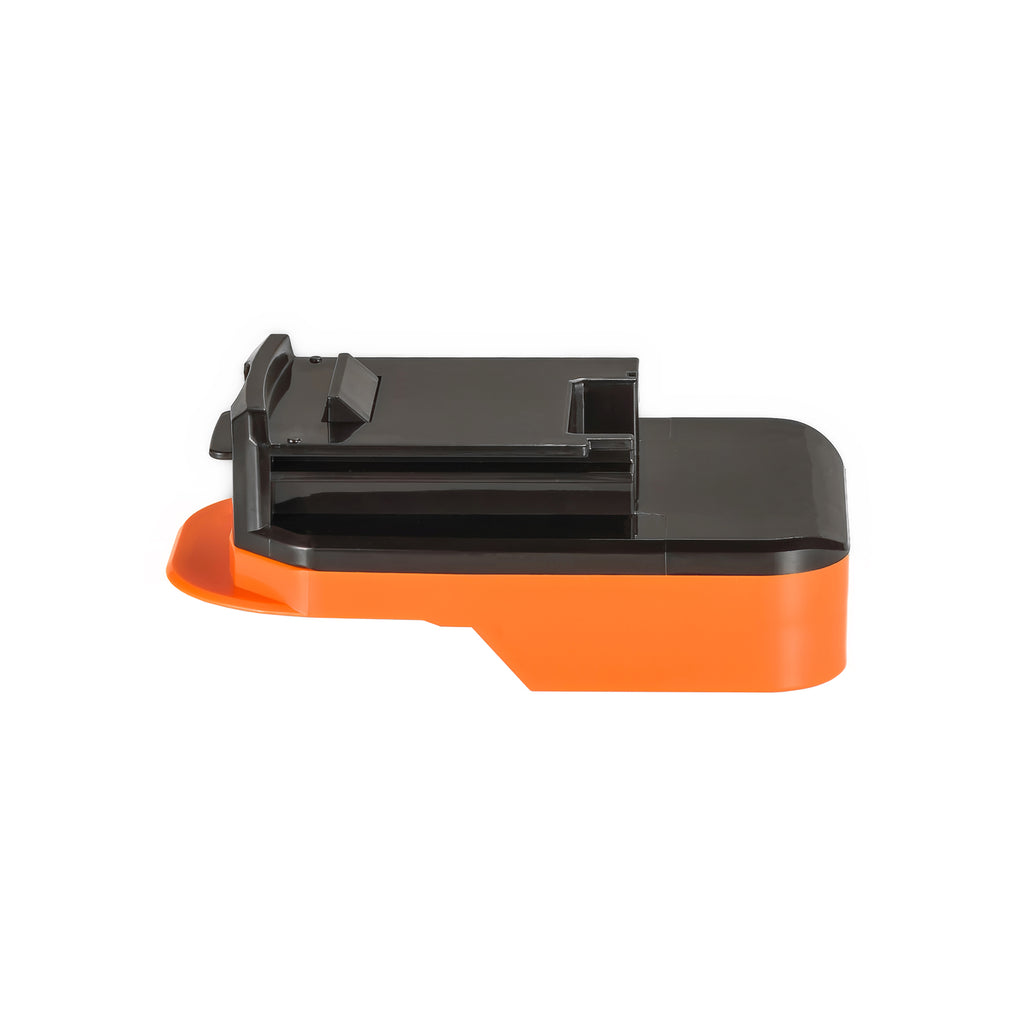 RIDGID 18V to Porter Cable 18V Ni-Cd battery adapter - side view showing both connections, black side above the orange base