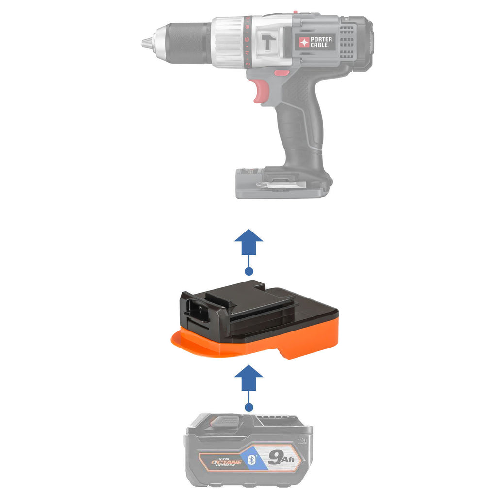 RIDGID 18V to Porter Cable 18V Ni-Cd battery adapter - compatibility diagram showing battery, adapter and hammer drill