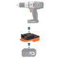 RIDGID 18V to Porter Cable 18V Ni-Cd battery adapter - compatibility diagram showing battery, adapter and hammer drill