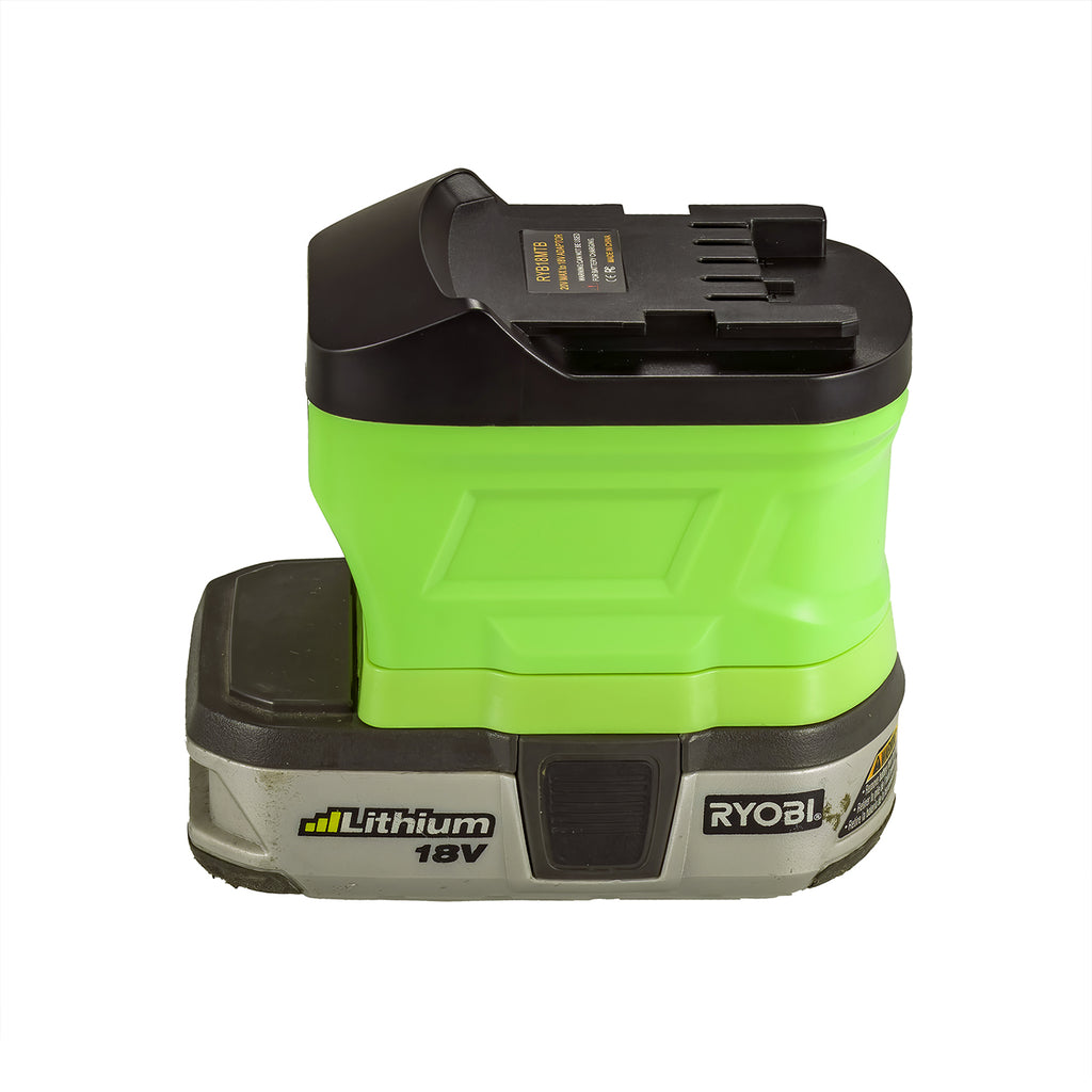 Ryobi 18V ONE+ to Metabo CAS 18V battery adapter - fitted to the battery, Metabo tool-side connection facing upward