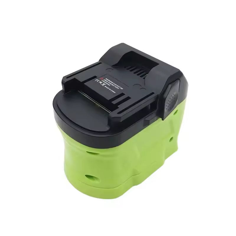 Ryobi 18V ONE+ to Metabo HPT 18V battery adapter - three-quarter view, Metabo HPT tool-side connection, warning label
