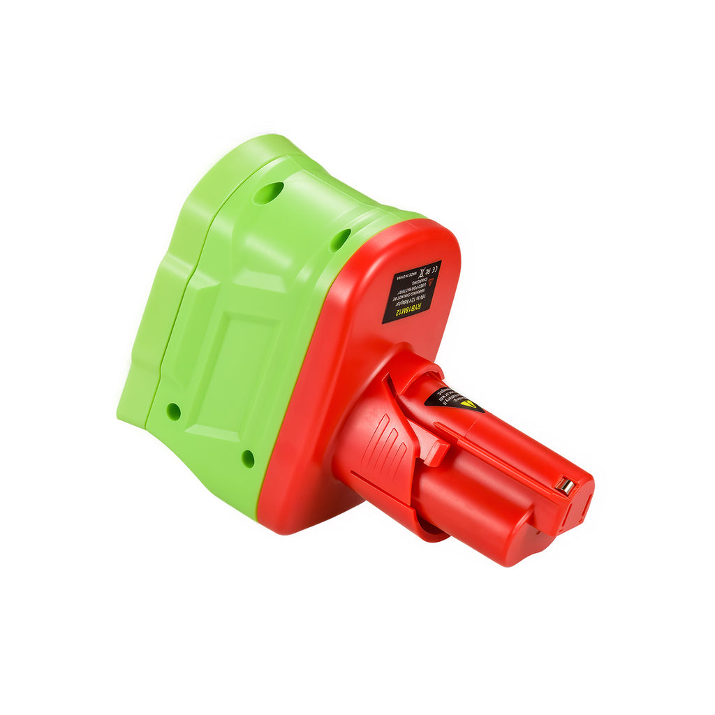 Ryobi 18V ONE+ to Milwaukee M12 battery adapter - close-up of the Milwaukee tool-side stem, its terminal slots