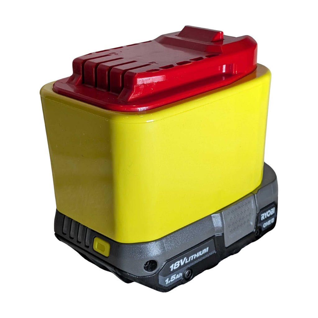 Ryobi 18V ONE+ to Stanley V20 battery adapter - fitted to the Ryobi 18V ONE+ battery, tool-side rails and catch upward