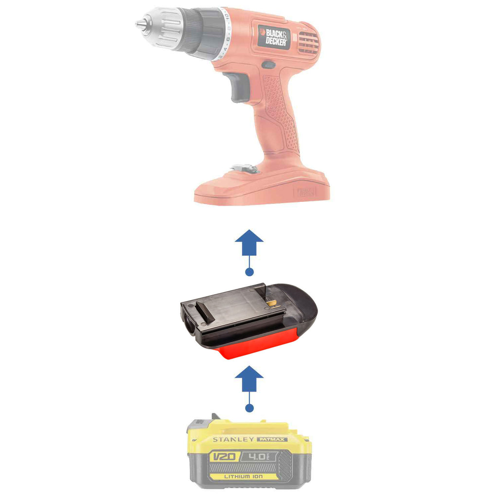 Stanley V20 to Black and Decker 18V Ni-Cd battery adapter - compatibility diagram showing battery, adapter and cordless drill