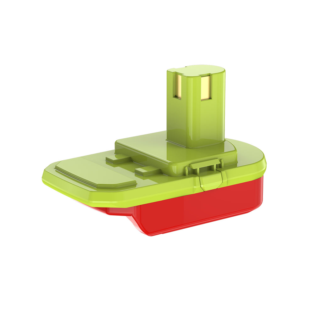 Stanley V20 to Ryobi 18V ONE+ battery adapter - green Ryobi tool-side stem with copper contacts and latch tabs over the red