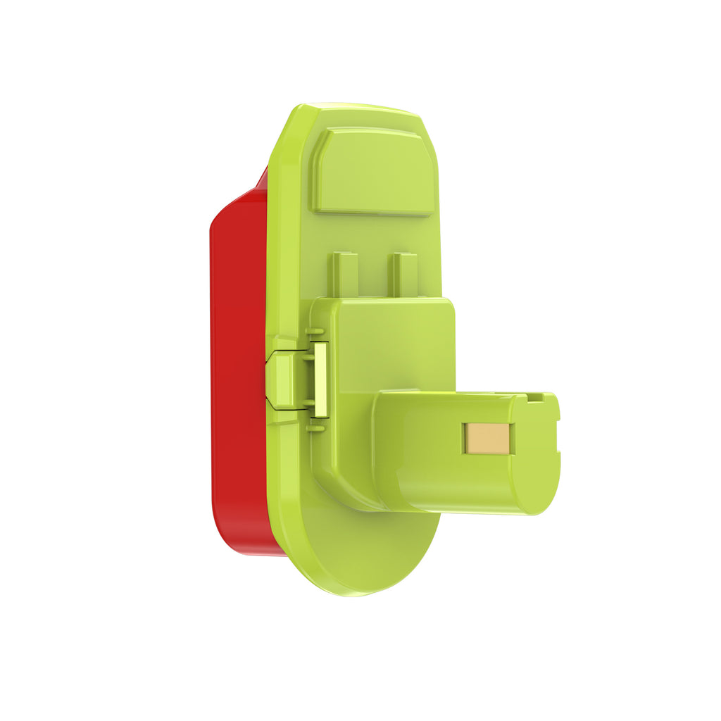 Stanley V20 to Ryobi 18V ONE+ battery adapter - side view showing the green Ryobi tool-side stem and the red battery-side