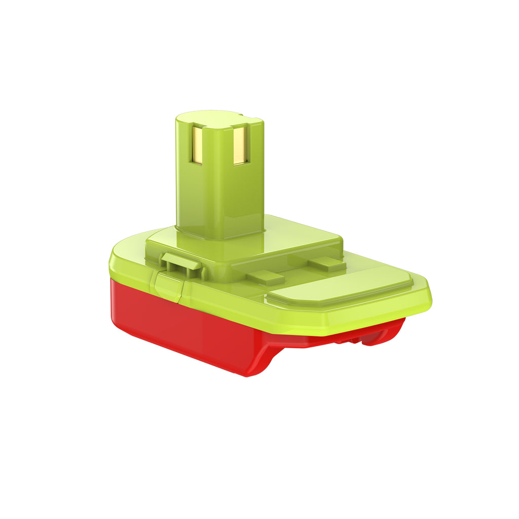 Stanley V20 to Ryobi 18V ONE+ battery adapter - green Ryobi tool-side stem with copper contacts and latch tabs over the red