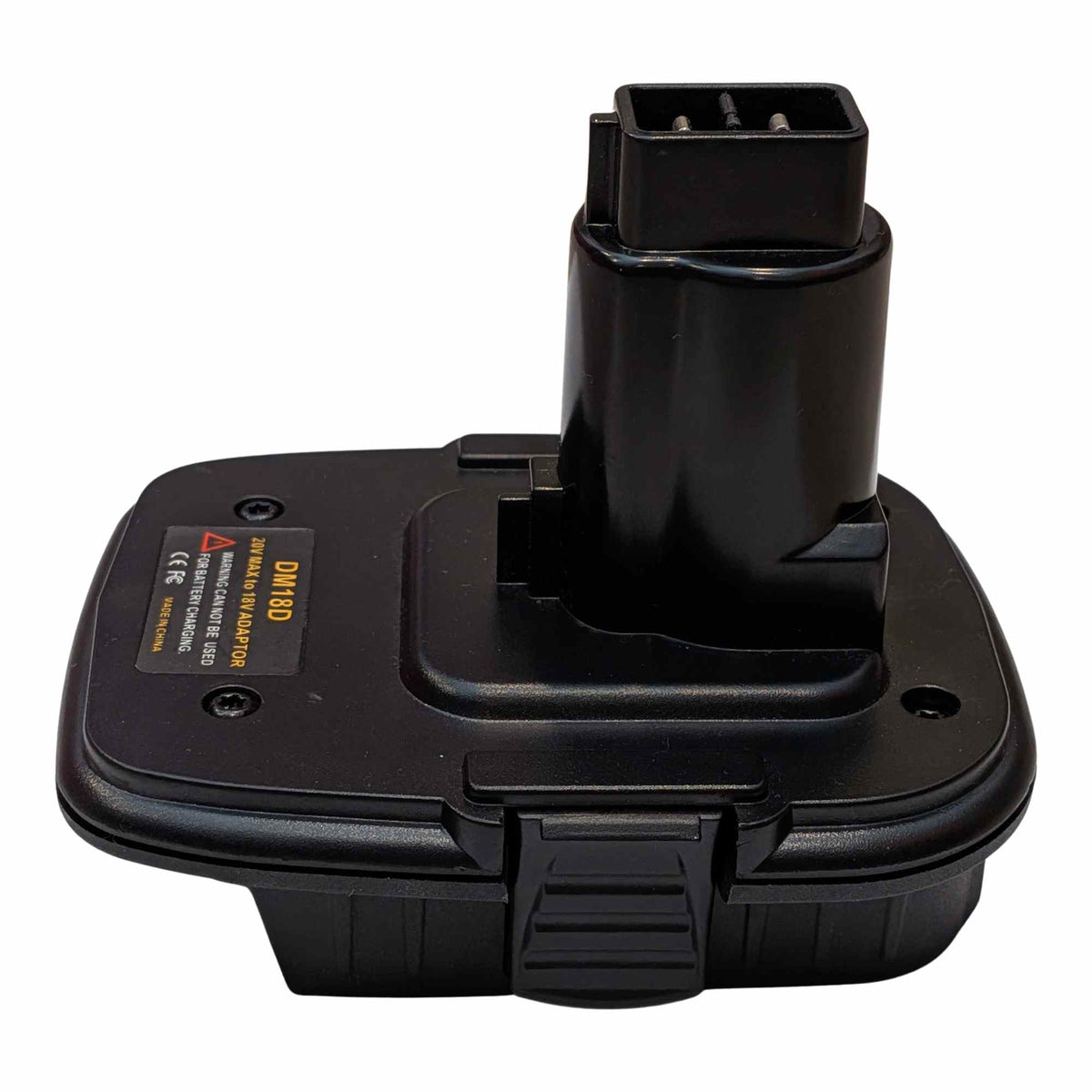 Bauer 20V to DeWalt 18V Ni-Cd battery adapter - front angle, tool-side post with socket pins and the ribbed release button