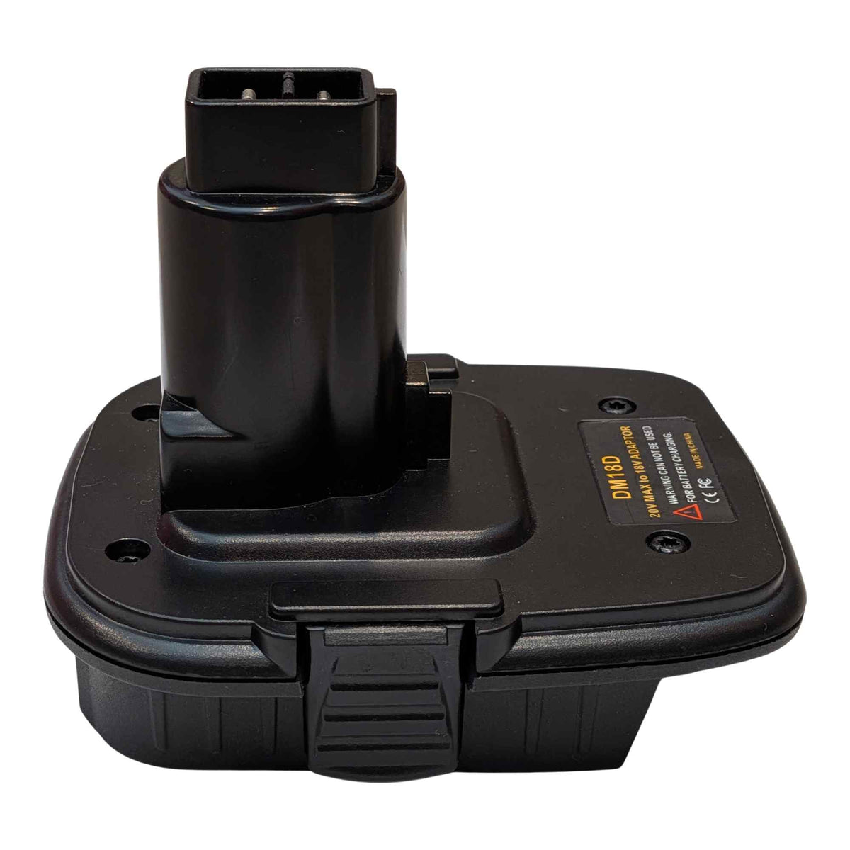 Bauer 20V to DeWalt 18V Ni-Cd battery adapter - rear angle, tool-side post with the ribbed release button and label