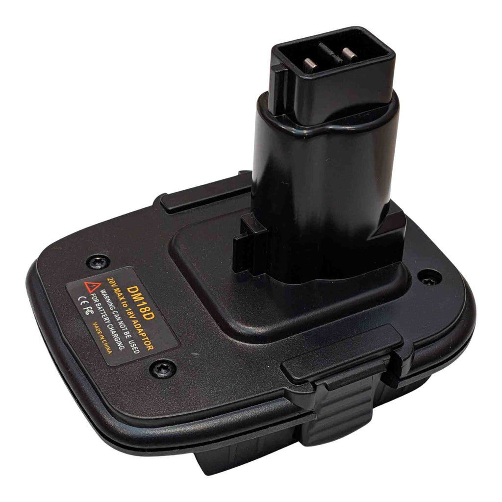 Bauer 20V to DeWalt 18V Ni-Cd battery adapter - top angle view, tool-side post with socket pins and the printed label