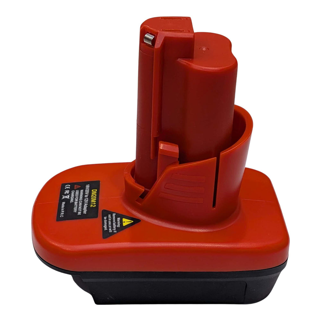 Bauer 20V to Milwaukee M12 battery adapter - side view showing both connections, red tool-side post over the black base