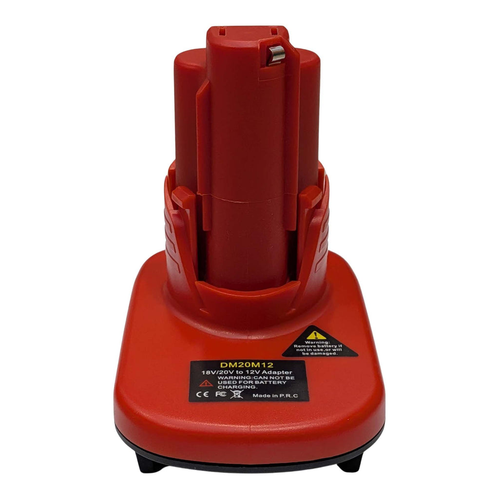 Bauer 20V to Milwaukee M12 battery adapter - Milwaukee tool-side post, front view with the printed label on the base