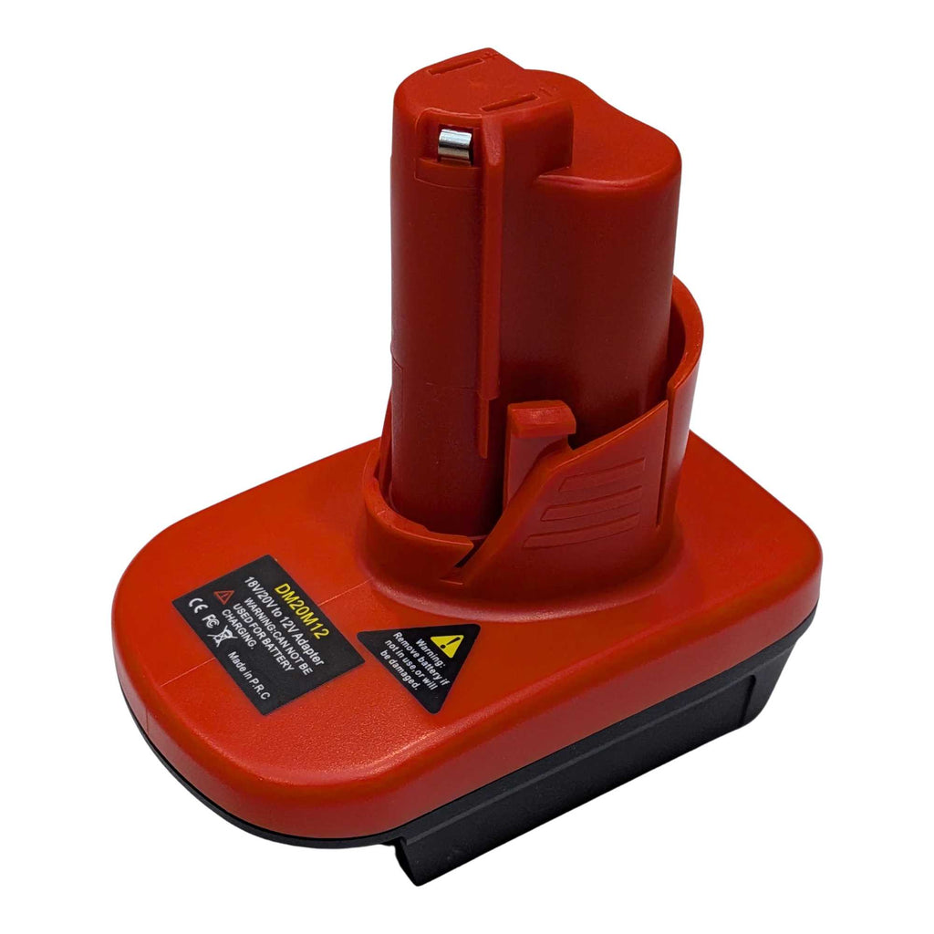 Bauer 20V to Milwaukee M12 battery adapter - three-quarter view, red Milwaukee tool-side stem above the black base