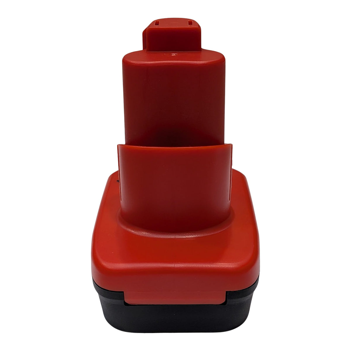 Bauer 20V to Milwaukee M12 battery adapter - rear view, red tool-side post over the black battery-side base