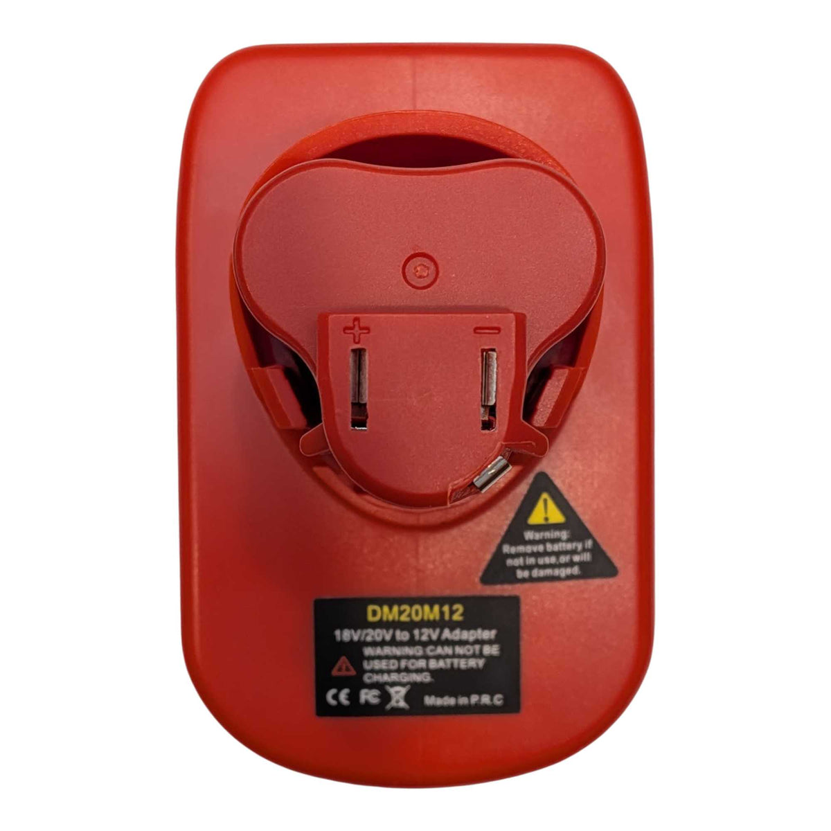 Bauer 20V to Milwaukee M12 battery adapter - Milwaukee tool-side connection from above, terminal slots with polarity marks