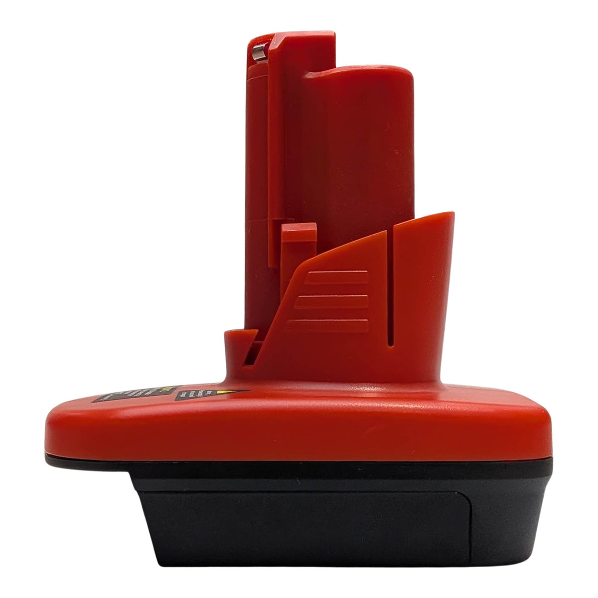 Bauer 20V to Milwaukee M12 battery adapter - side view, red Milwaukee tool-side stem above the black battery-side base