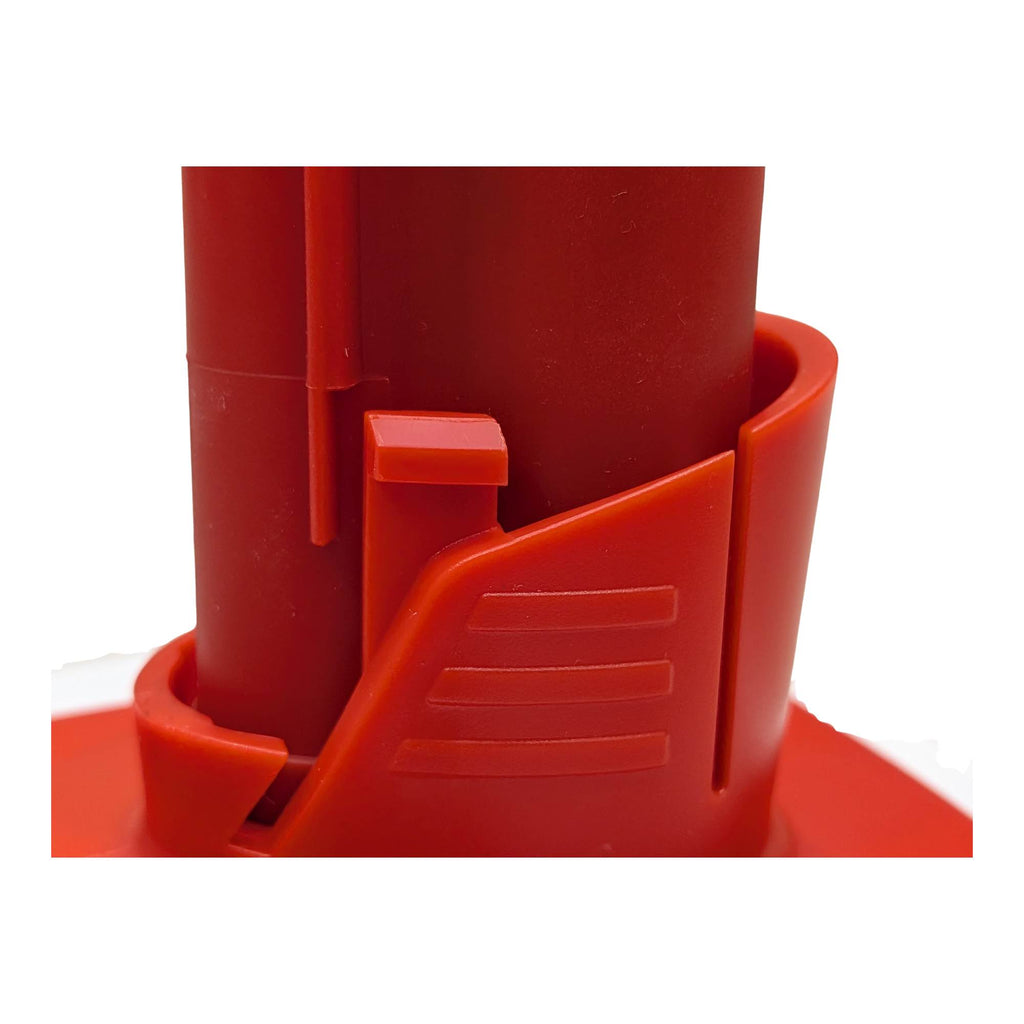 Bauer 20V to Milwaukee M12 battery adapter - close-up of the red tool-side stem and its ribbed release latch