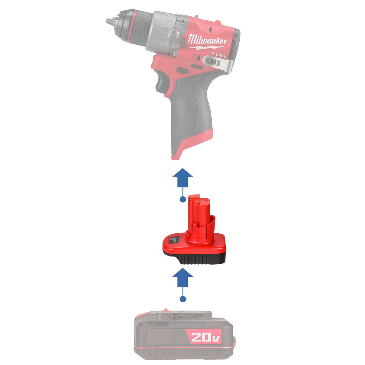 Bauer 20V to Milwaukee M12 battery adapter - compatibility diagram showing battery, adapter and hammer drill