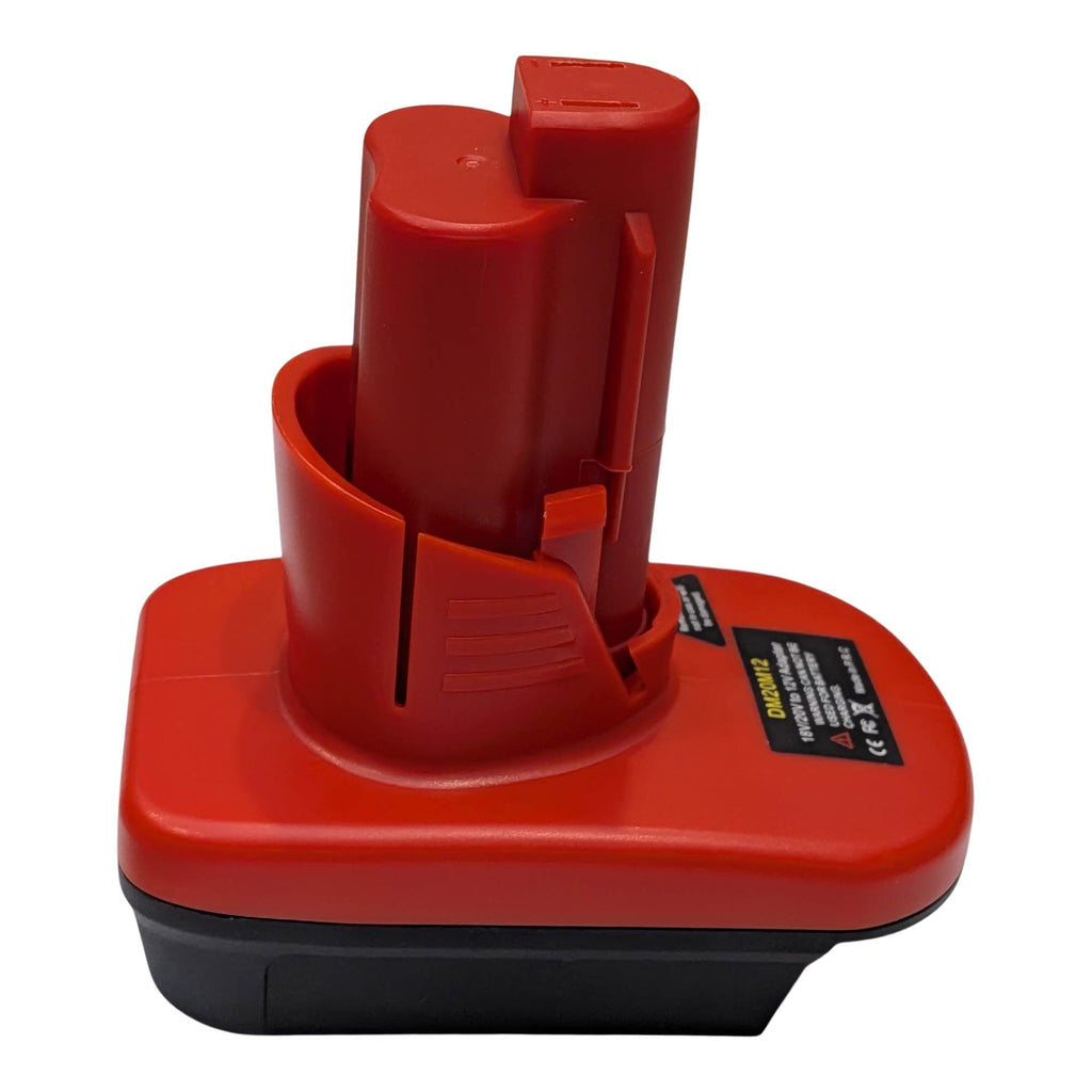 Bauer 20V to Milwaukee M12 battery adapter - front angle view, Milwaukee tool-side post over the base and printed label