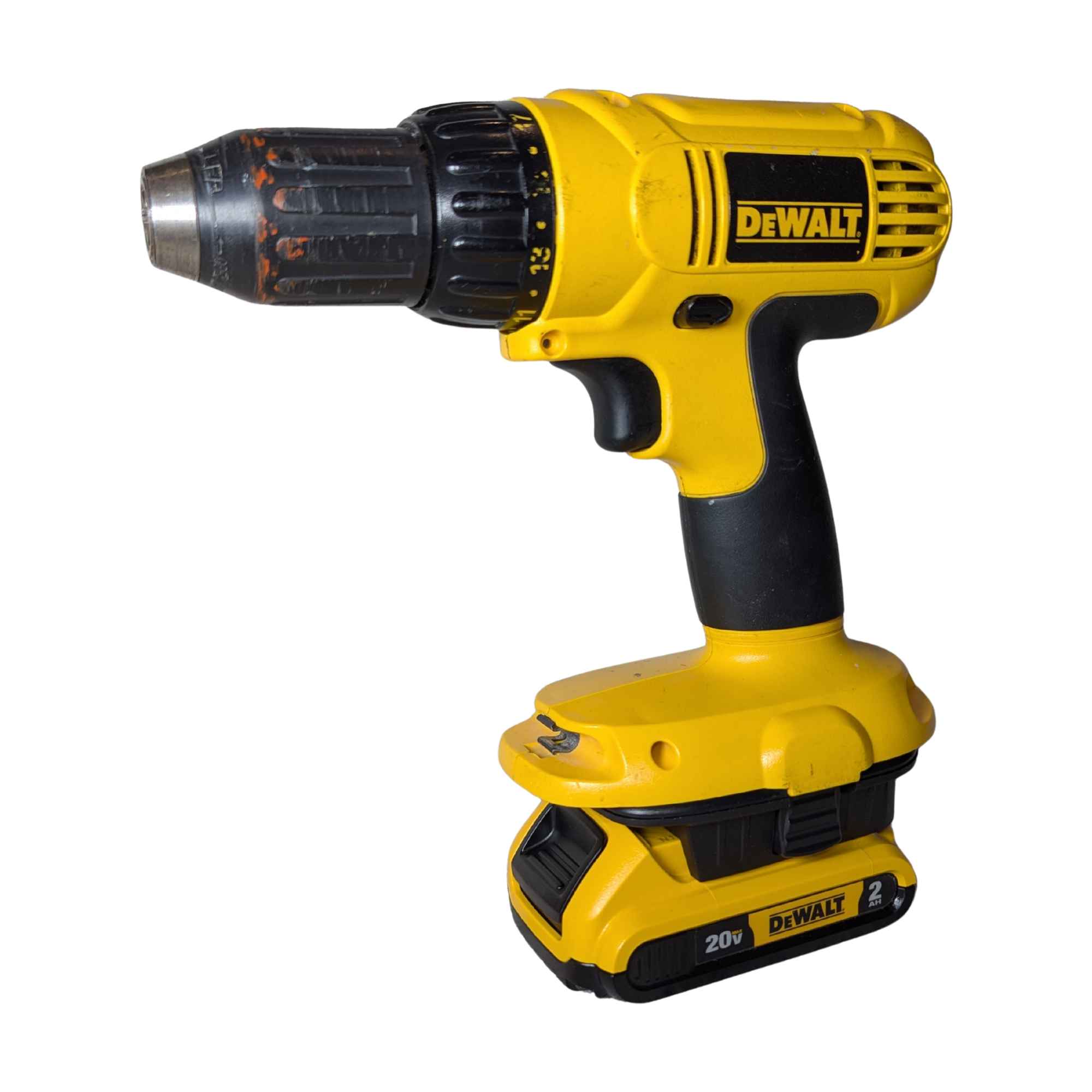 DeWalt 20V MAX to DeWalt 18V Ni-Cd battery adapter - installed on a drill with the battery attached below