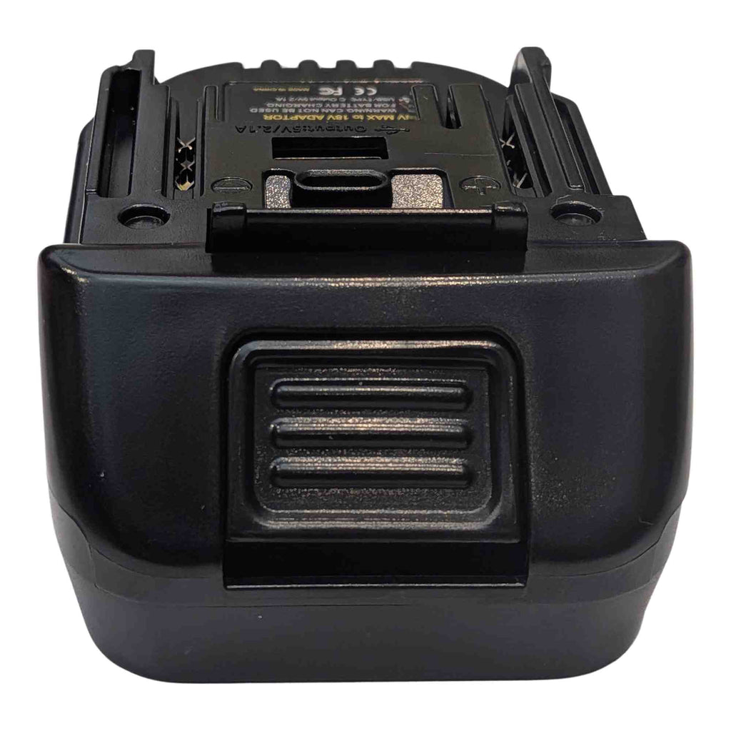 Einhell 18V PXC to RIDGID Plumbing battery adapter - front view with the ribbed release button, tool-side connection above