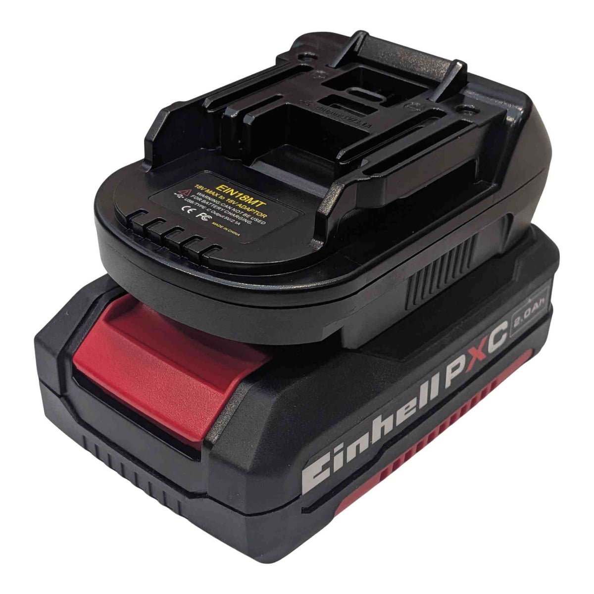 Einhell 18V PXC to RIDGID Plumbing battery adapter - fitted to the Einhell 18V PXC battery, tool-side connection upward
