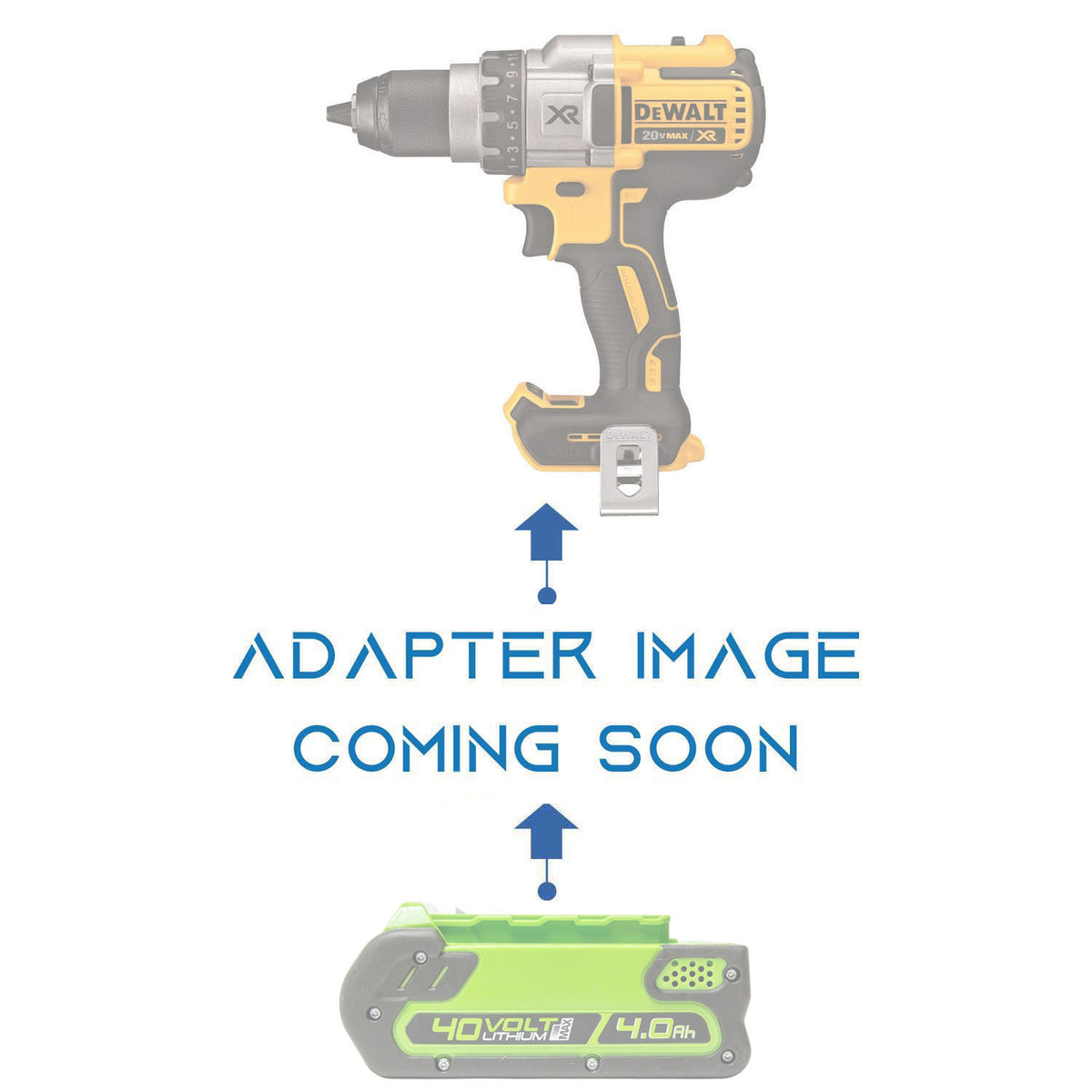 Greenworks 40V to DeWalt 20V MAX battery adapter - placeholder text reading adapter image coming soon, cordless drill above