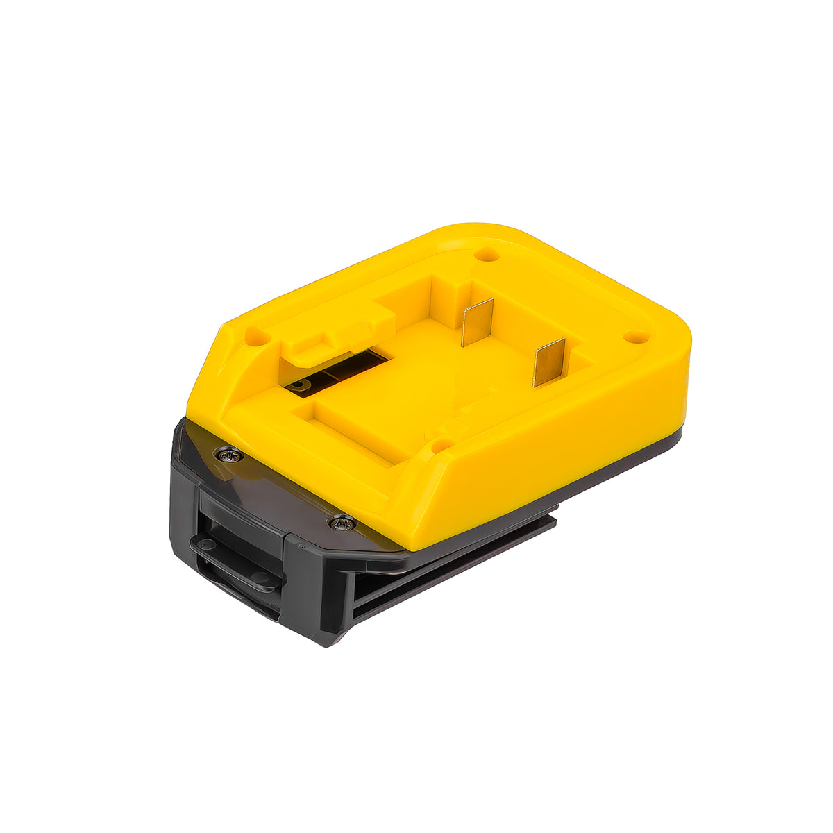 Hercules 20V to Porter Cable 18V Ni-Cd battery adapter - battery-side connection, twin terminal blades in the yellow pocket