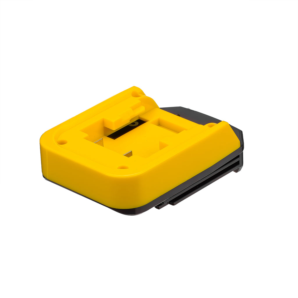 Hercules 20V to Porter Cable 18V Ni-Cd battery adapter - battery-side connection end-on, the rail slot in the yellow pocket