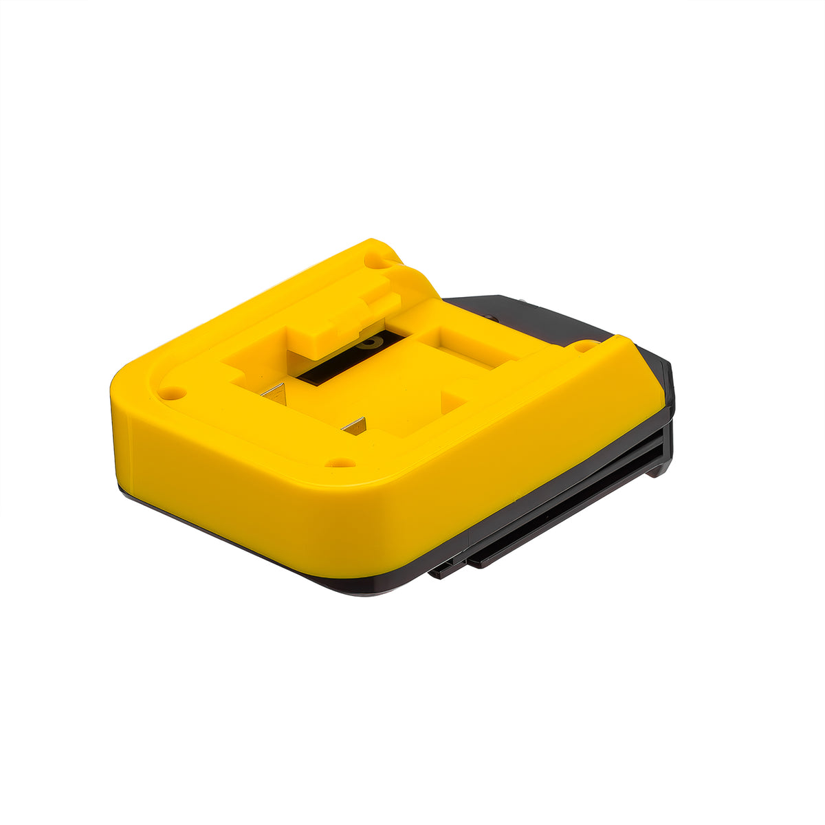 Hercules 20V to Porter Cable 18V Ni-Cd battery adapter - battery-side connection end-on, the rail slot in the yellow pocket