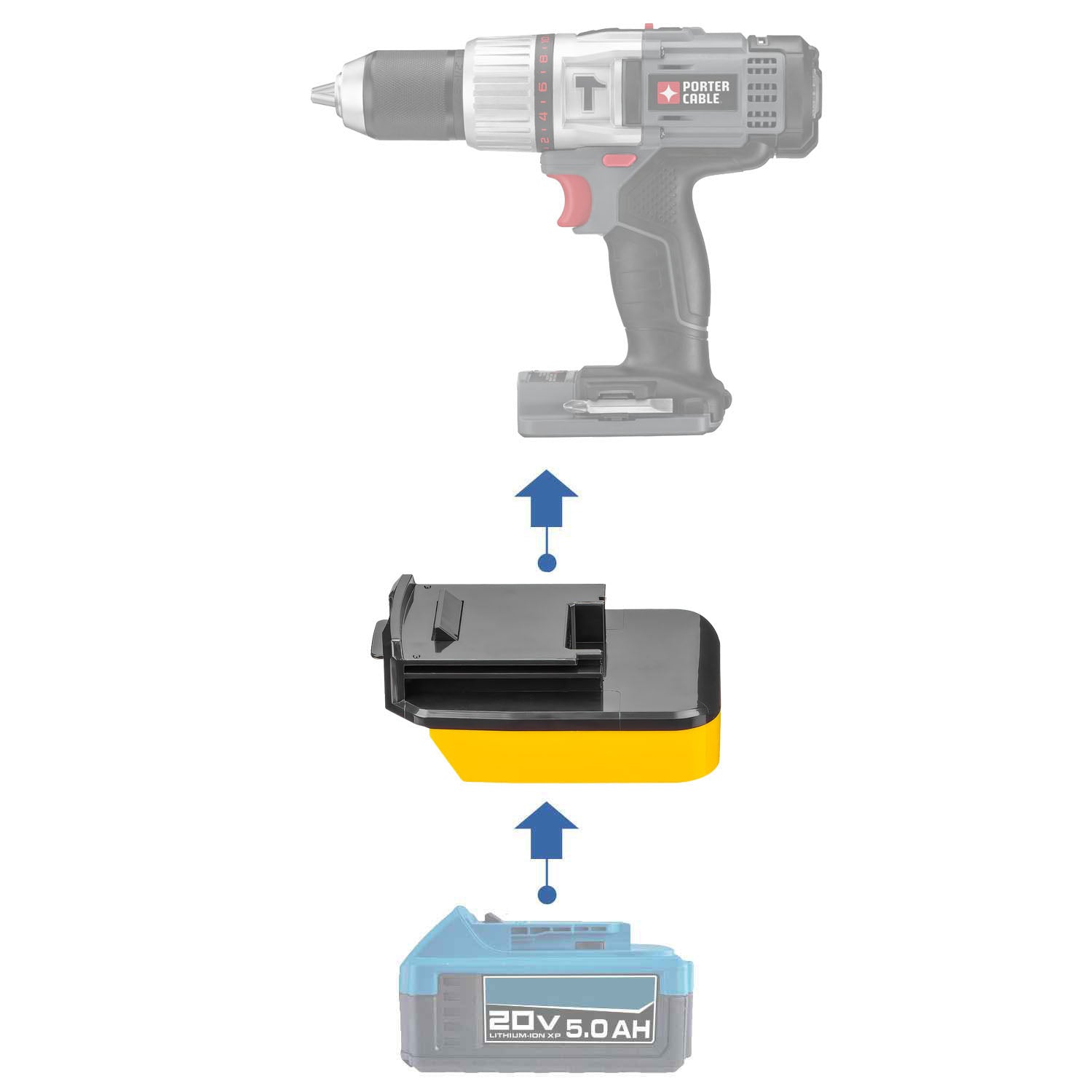 Hercules 20V to Porter Cable 18V Ni-Cd battery adapter - compatibility diagram showing battery, adapter and hammer drill