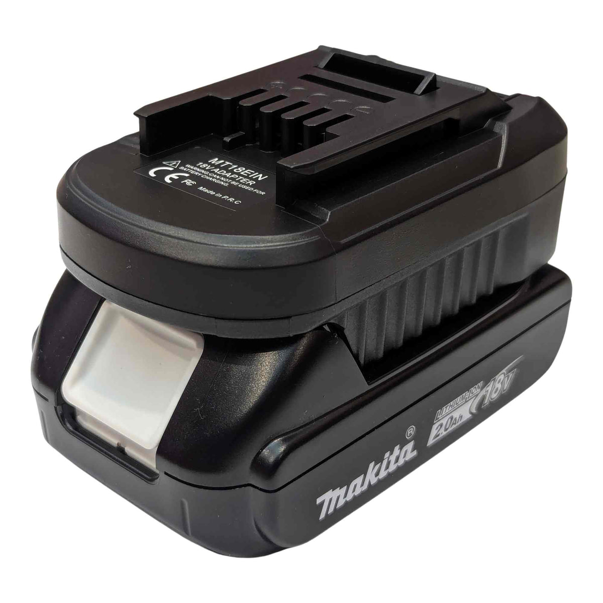 Makita 18V LXT to Einhell 18V PXC battery adapter - fitted to the Makita 18V LXT battery, tool-side connection uppermost