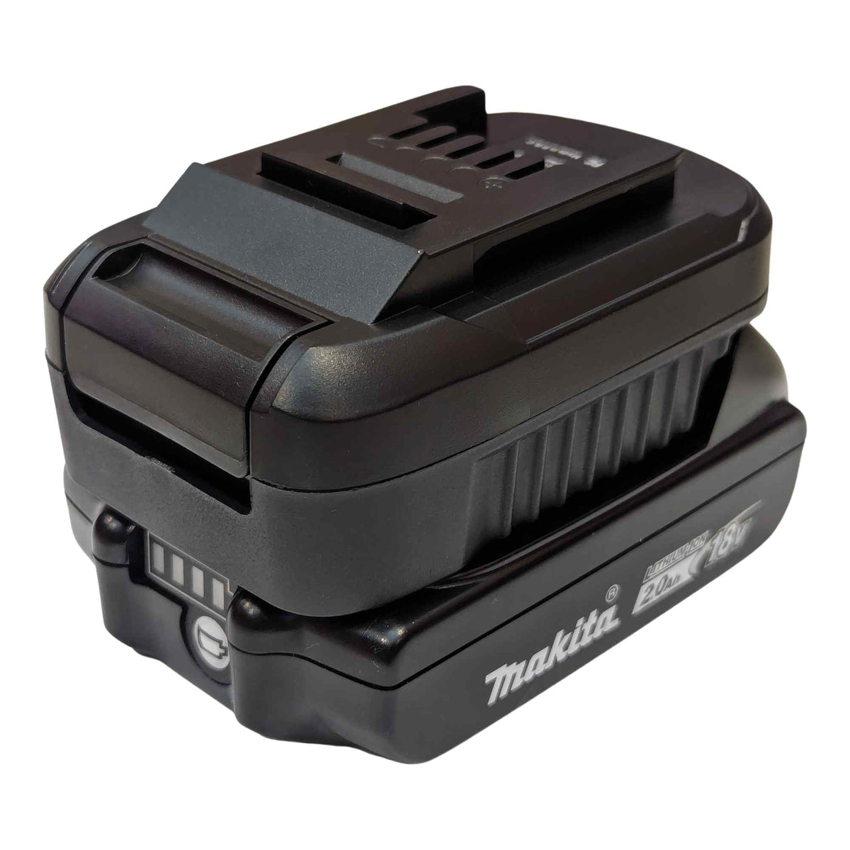 Makita 18V LXT to Ozito 18V PXC battery adapter - fitted to the Makita 18V LXT battery, Ozito tool-side connection upward