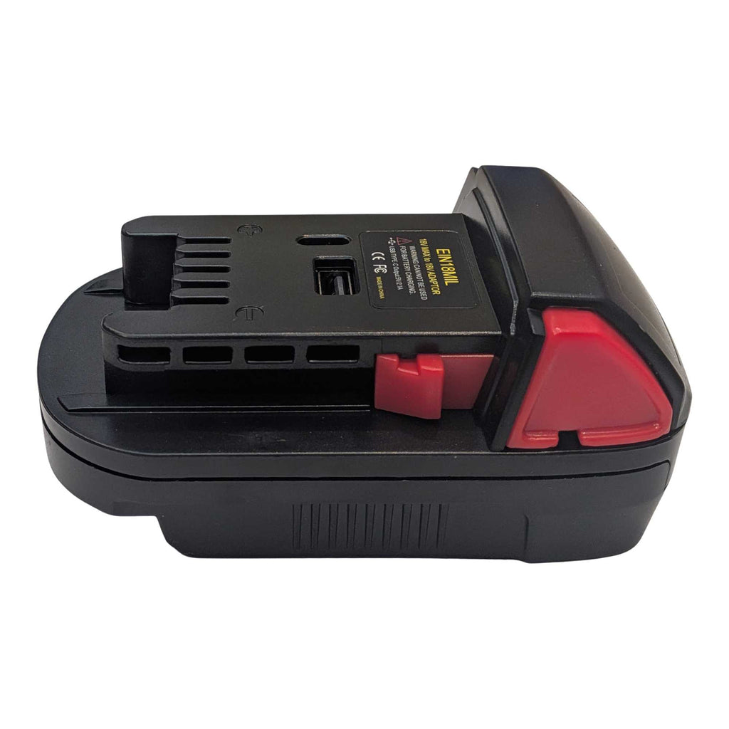 Ozito 18V PXC to Milwaukee M18 battery adapter - side view showing the Milwaukee tool-side connection and release lever