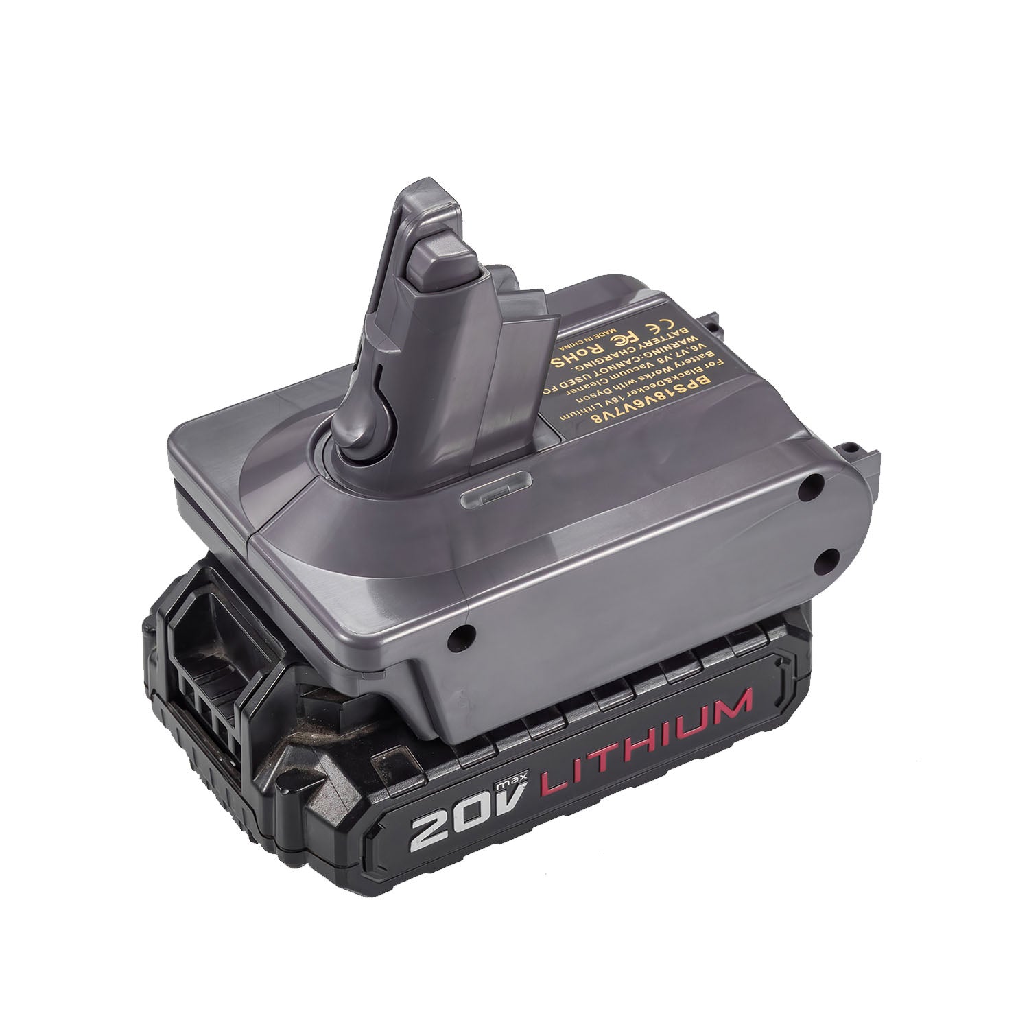 Porter Cable 20V to Dyson V6 battery adapter - fitted to the Porter Cable 20V battery, Dyson tool-side stem upward