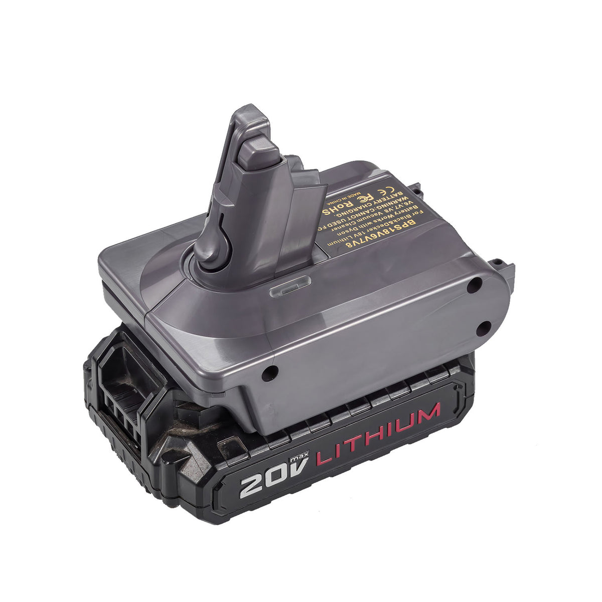 Porter Cable 20V to Dyson V7 battery adapter - fitted to the Porter Cable 20V battery, Dyson tool-side stem upward